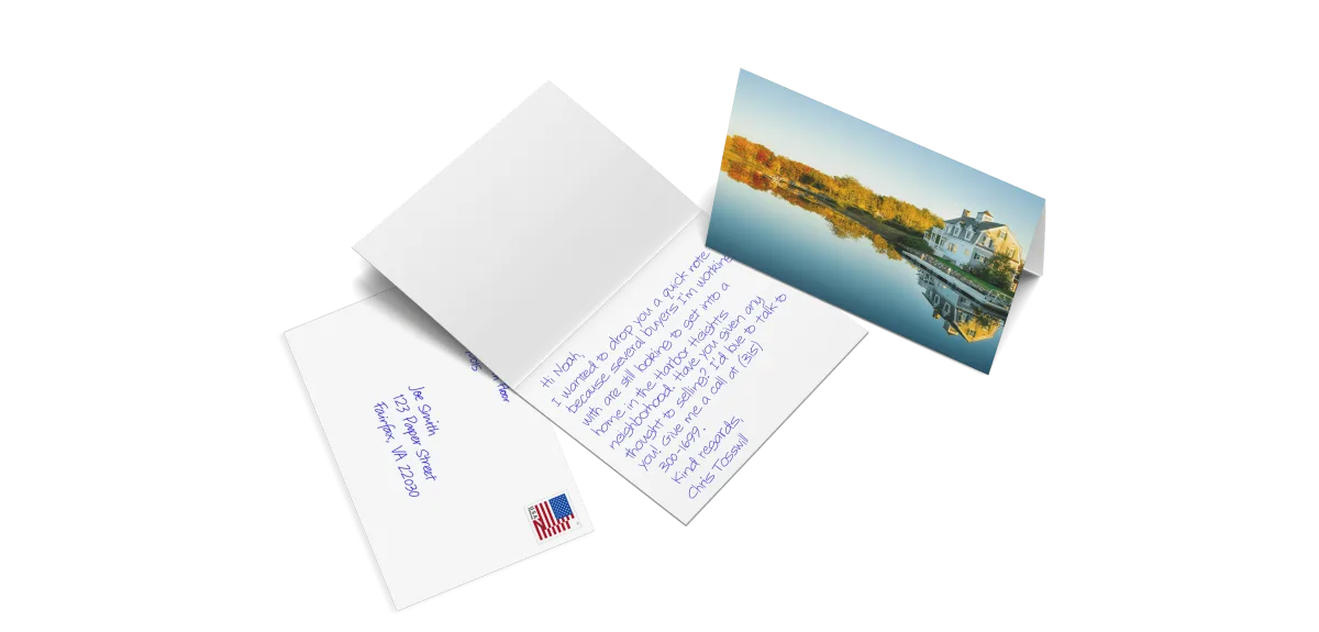 Folded handwritten note card with a real pen message and a hand-addressed, stamped envelope