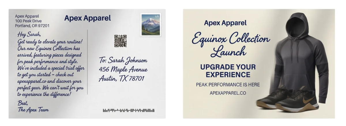 Handwritten marketing postcard with a real pen message, postage stamp, and trackable QR code